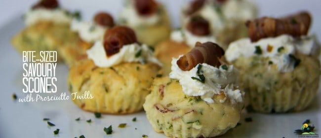 bite-sized savoury scones with prosciutto twills